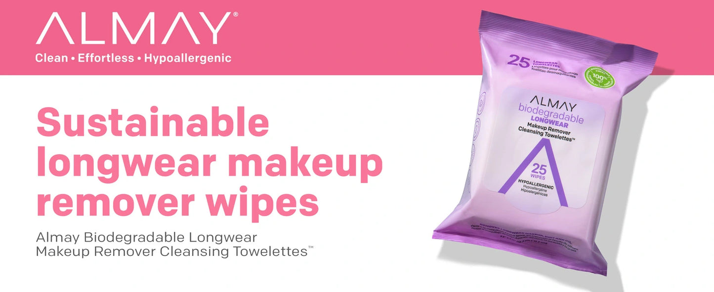 BIODEGRADABLE LONGWEAR MAKEUP REMOVER CLEANSING TOWELETTES 25 WIPES