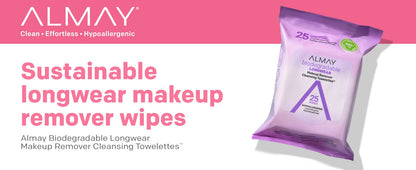 BIODEGRADABLE LONGWEAR MAKEUP REMOVER CLEANSING TOWELETTES 25 WIPES