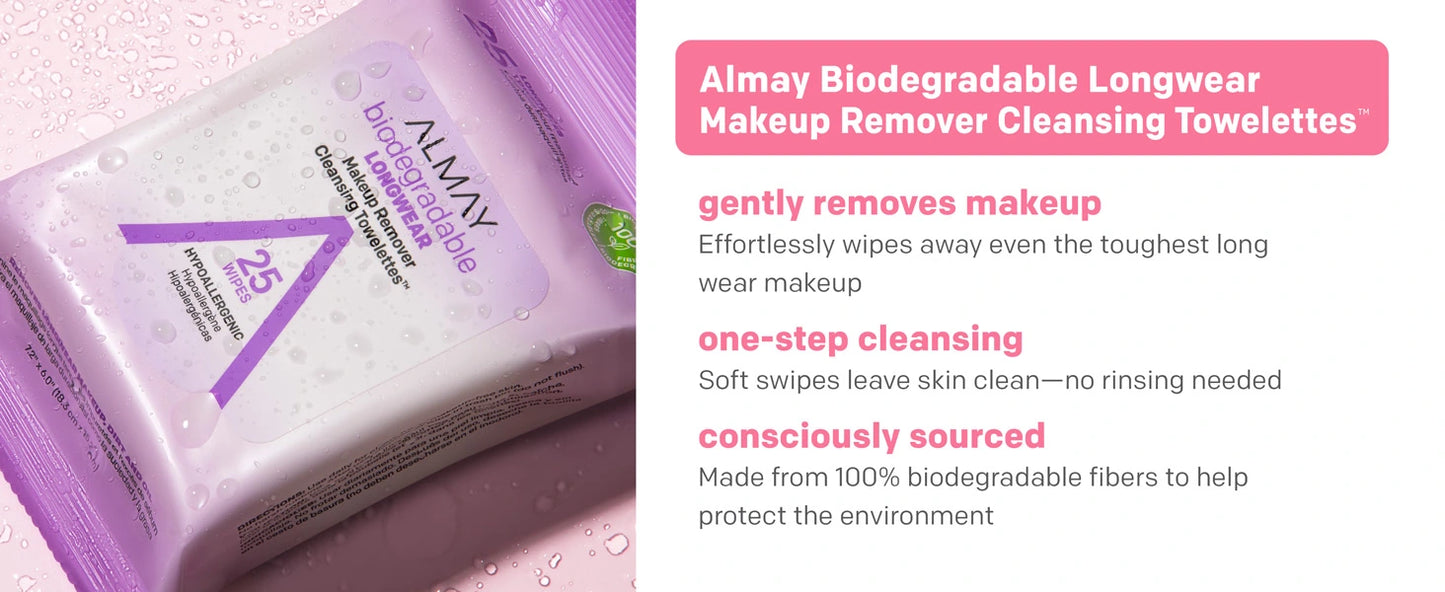 BIODEGRADABLE LONGWEAR MAKEUP REMOVER CLEANSING TOWELETTES 25 WIPES