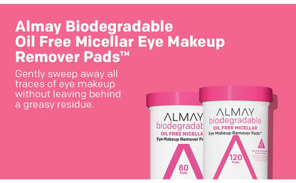 ALMAY BIODEGRADABLE OIL FREE MICELLAR EYE MAKEUP REMOVER PADS 80 CT.