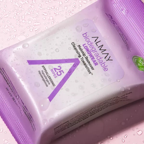 BIODEGRADABLE LONGWEAR MAKEUP REMOVER CLEANSING TOWELETTES 25 WIPES