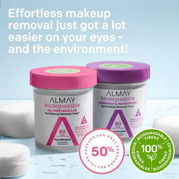 ALMAY BIODEGRADABLE LONGWEAR & WP EYE MAKEUP REMOVER PADS 80 CT .