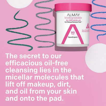ALMAY BIODEGRADABLE OIL FREE MICELLAR EYE MAKEUP REMOVER PADS 80 CT.