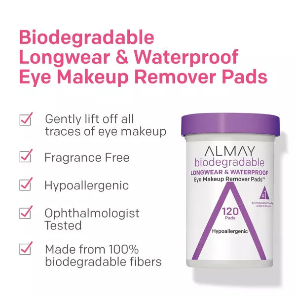 ALMAY BIODEGRADABLE LONGWEAR & WP EYE MAKEUP REMOVER PADS 80 CT .