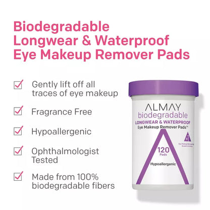 ALMAY BIODEGRADABLE LONGWEAR & WP EYE MAKEUP REMOVER PADS 80 CT .
