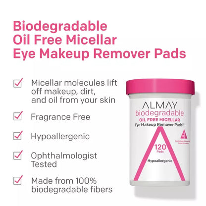 ALMAY BIODEGRADABLE OIL FREE MICELLAR EYE MAKEUP REMOVER PADS 80 CT.