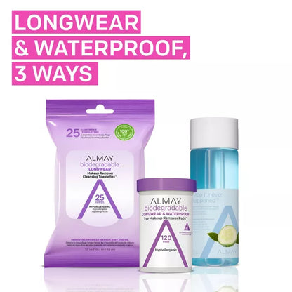 ALMAY BIODEGRADABLE LONGWEAR & WP EYE MAKEUP REMOVER PADS 80 CT .